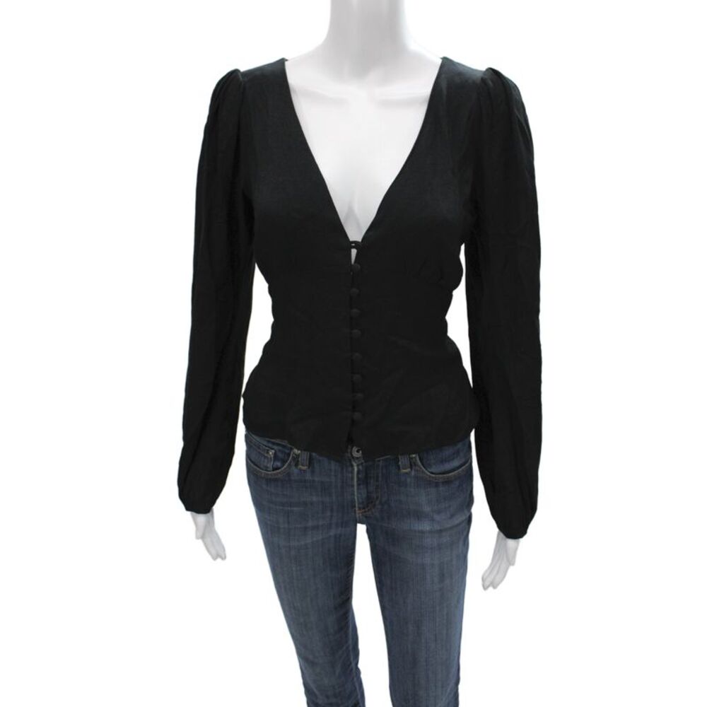 Reformation Women Black V-Neck Button-Up Blouse Long Sleeve Size M
